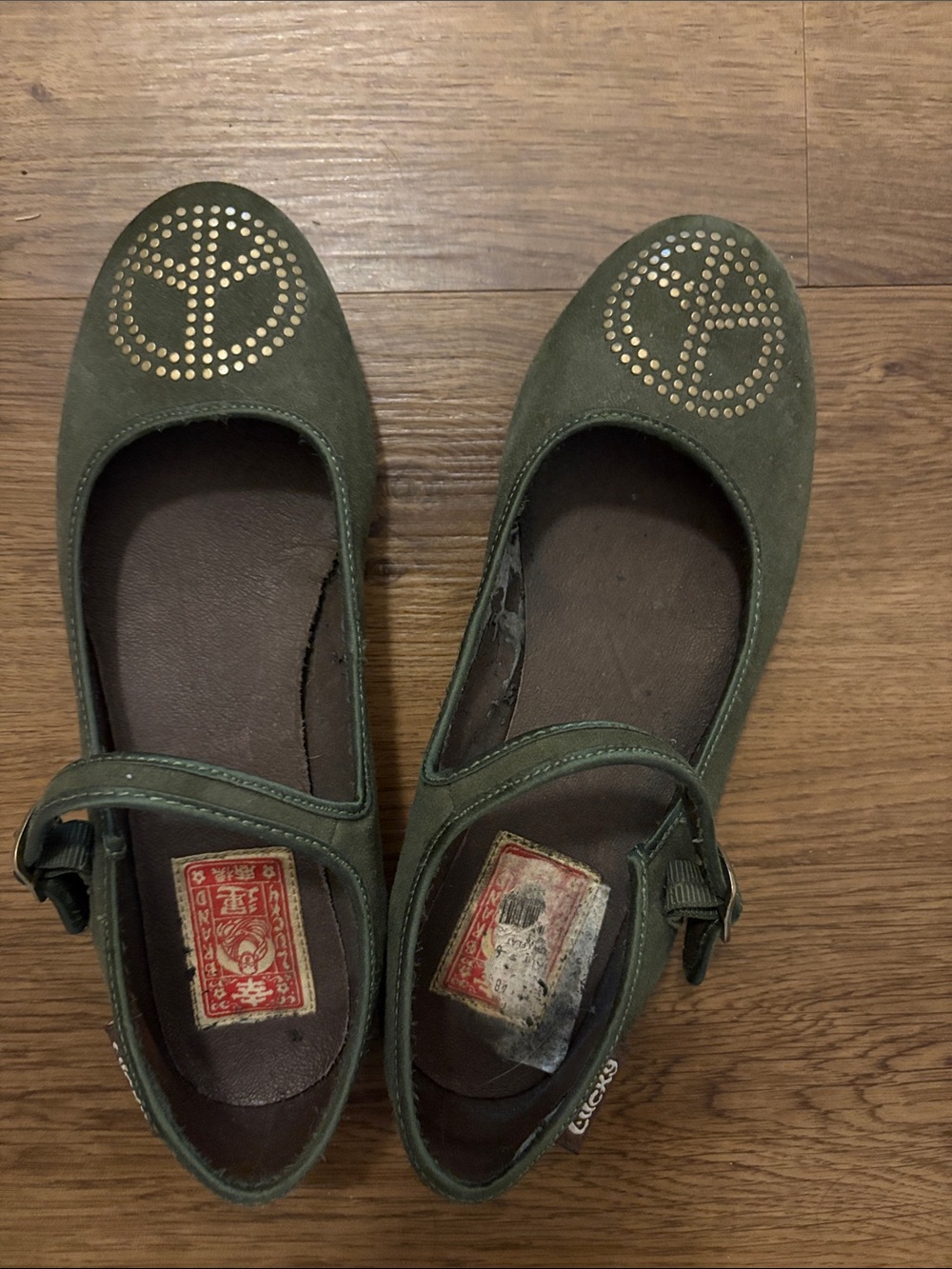 Lucky Brand Olive Green Mary Jane Flats with Gold Stud Accents